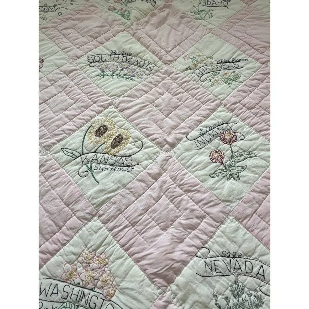 Vintage 48 US State Flower Quilt Embroidered Pink Checkered Handmade